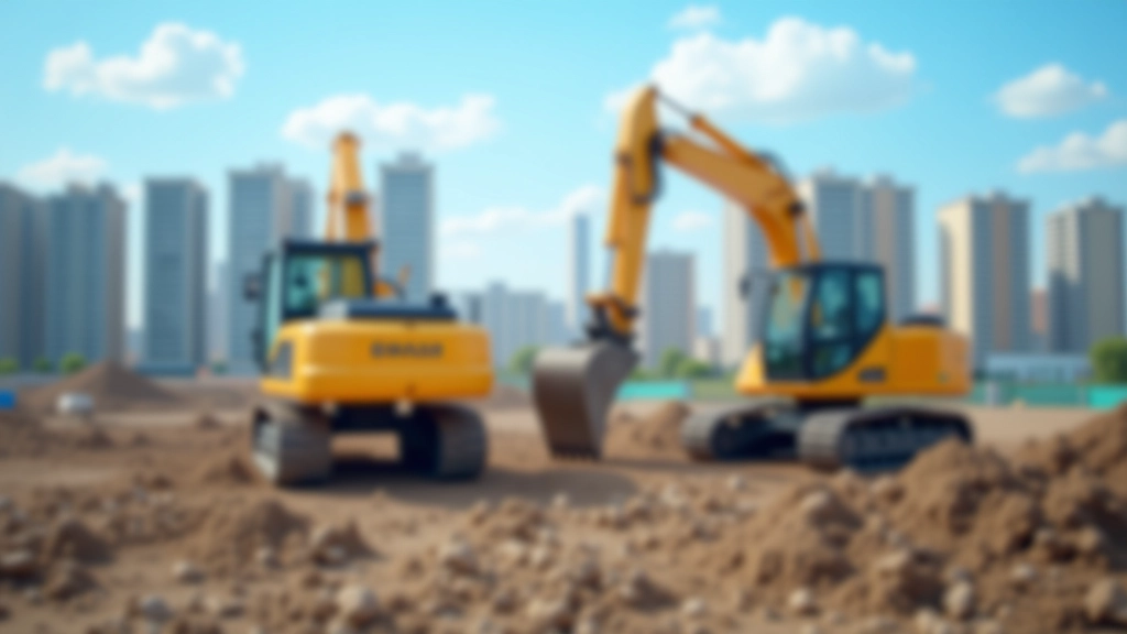 Staveniště s stavební technikou a pracovníky v helmách, která symbolizuje fyzickou realizaci projektů