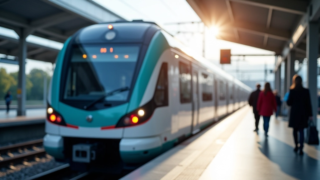 Moderní elektrický vlak zastavující se na nádraží s cestujícími