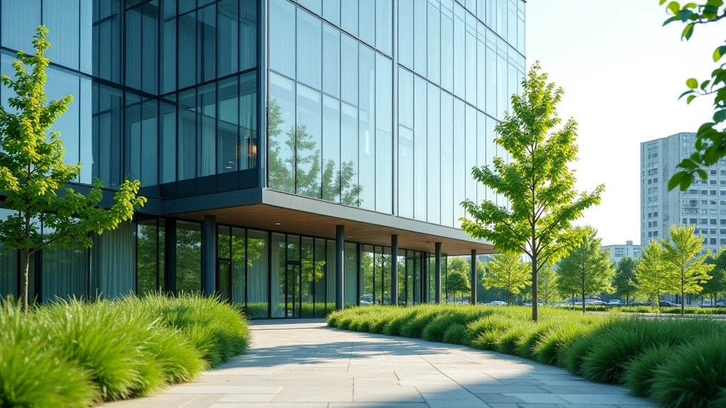 Moderní budova s skleněnými fasádami a zeleným mobiliářem ve městě, symbol moderní infrastruktury a udržitelného vývoje