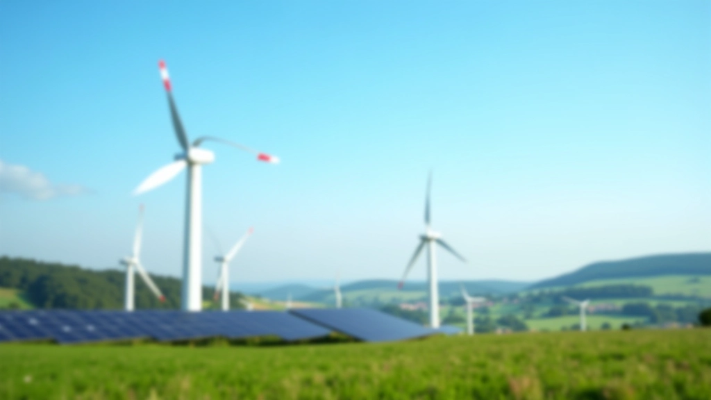 Futuristické vizualizace udržitelného energetického systému s větrnými turbínami a solárními panely